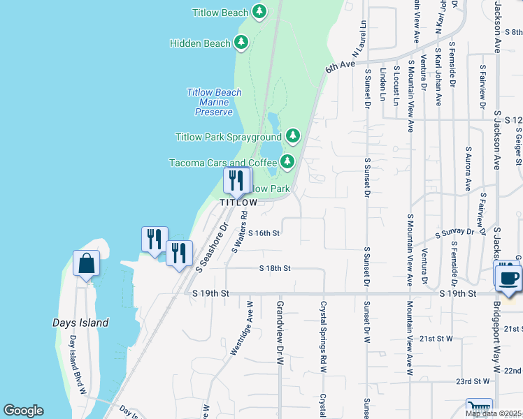 map of restaurants, bars, coffee shops, grocery stores, and more near 8451 South 16th Street in Tacoma