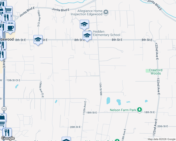 map of restaurants, bars, coffee shops, grocery stores, and more near 11215 13th Street East in Edgewood