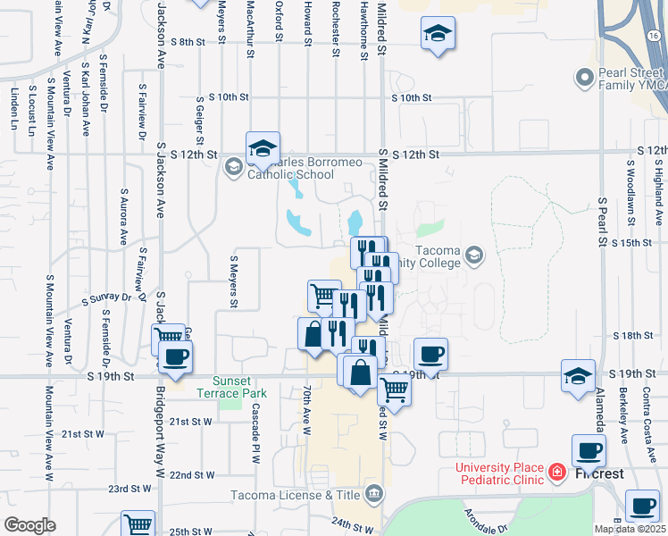 map of restaurants, bars, coffee shops, grocery stores, and more near 1628 S Mildred St in Tacoma