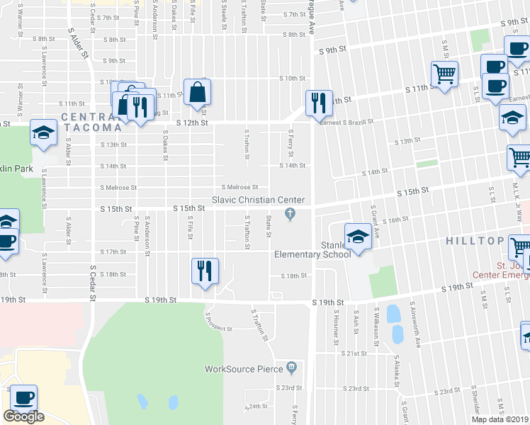 map of restaurants, bars, coffee shops, grocery stores, and more near 1502 South State Street in Tacoma