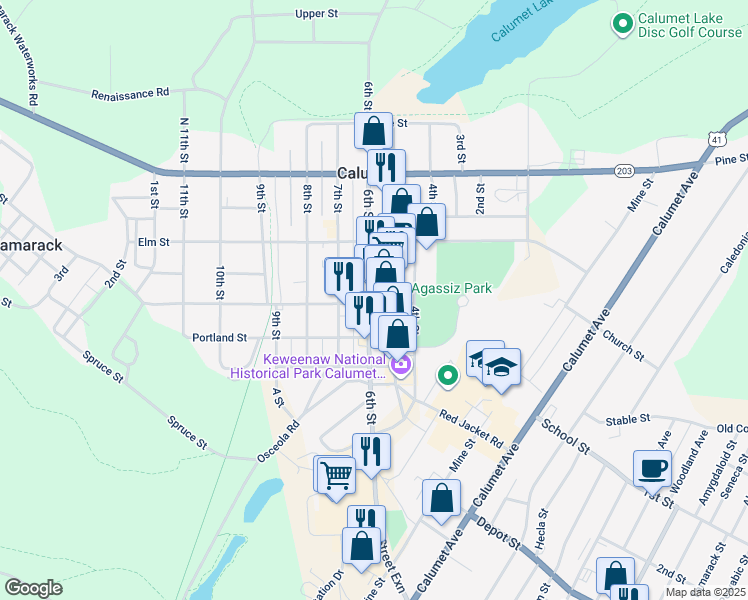 map of restaurants, bars, coffee shops, grocery stores, and more near in Calumet Township