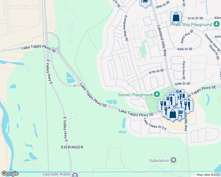map of restaurants, bars, coffee shops, grocery stores, and more near 6742 Montevista Drive Southeast in Auburn