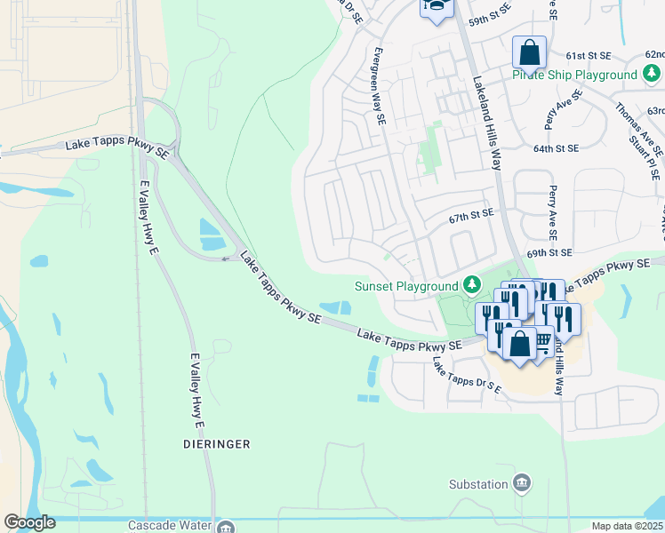 map of restaurants, bars, coffee shops, grocery stores, and more near 6742 Montevista Drive Southeast in Auburn