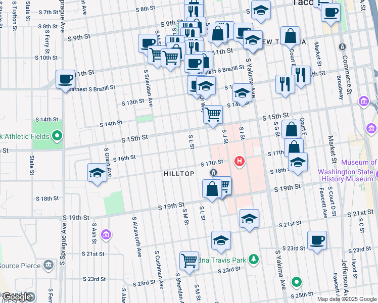 map of restaurants, bars, coffee shops, grocery stores, and more near 1207 South 16th Street in Tacoma