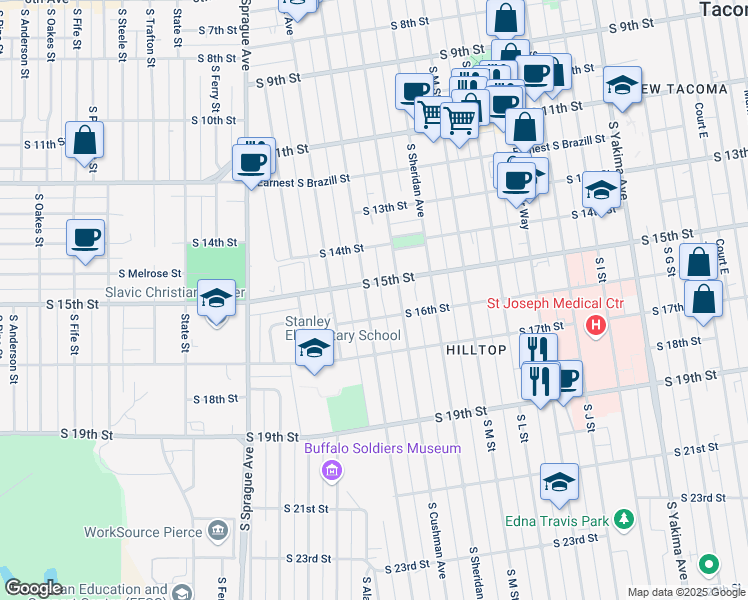 map of restaurants, bars, coffee shops, grocery stores, and more near 1515 South Ainsworth Avenue in Tacoma