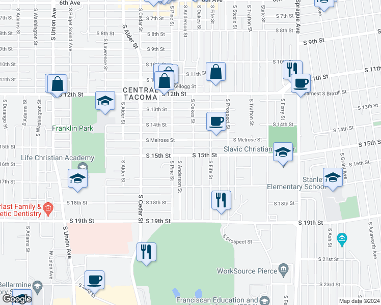 map of restaurants, bars, coffee shops, grocery stores, and more near 2701 South 15th Street in Tacoma