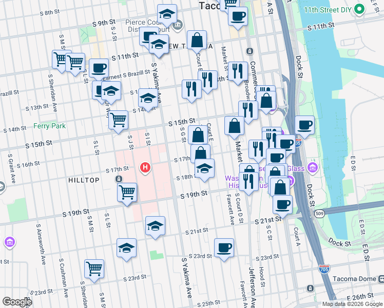 map of restaurants, bars, coffee shops, grocery stores, and more near 1624 Tacoma Avenue South in Tacoma