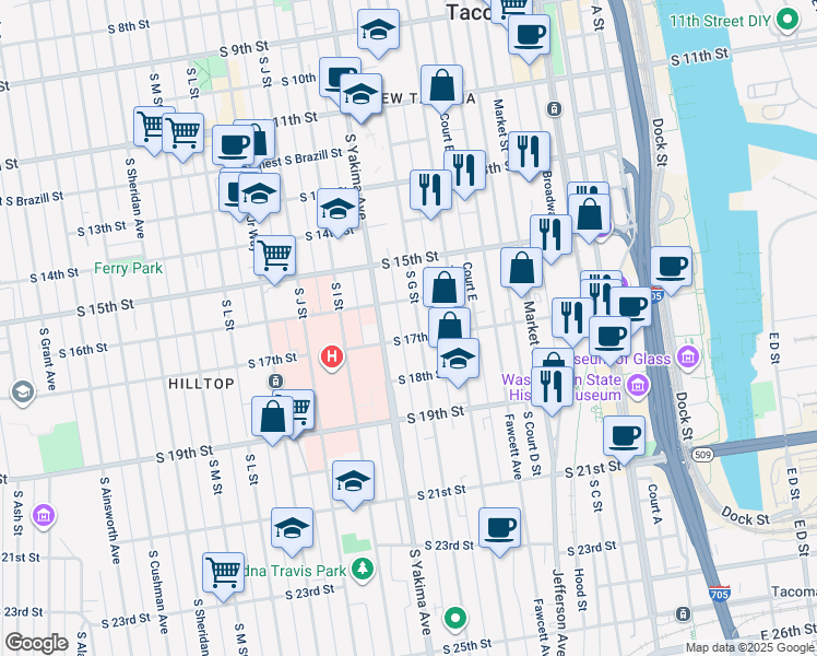 map of restaurants, bars, coffee shops, grocery stores, and more near 1610 South G Street in Tacoma