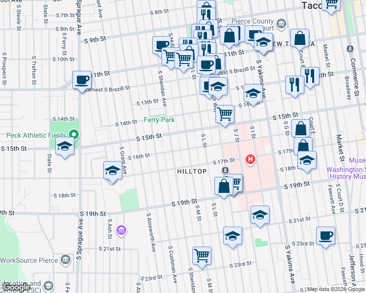 map of restaurants, bars, coffee shops, grocery stores, and more near 1514 South M Street in Tacoma