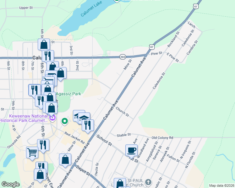 map of restaurants, bars, coffee shops, grocery stores, and more near 136-180 Calumet Avenue in Calumet Township