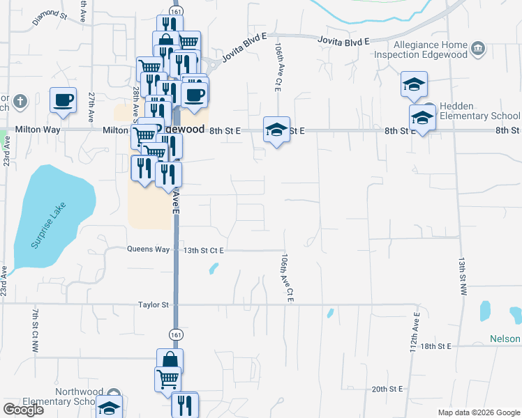map of restaurants, bars, coffee shops, grocery stores, and more near 10503 11th Street Court East in Edgewood