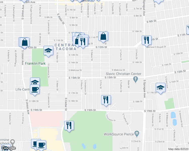 map of restaurants, bars, coffee shops, grocery stores, and more near 1462 South Oakes Street in Tacoma
