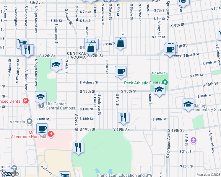 map of restaurants, bars, coffee shops, grocery stores, and more near 1462 South Oakes Street in Tacoma
