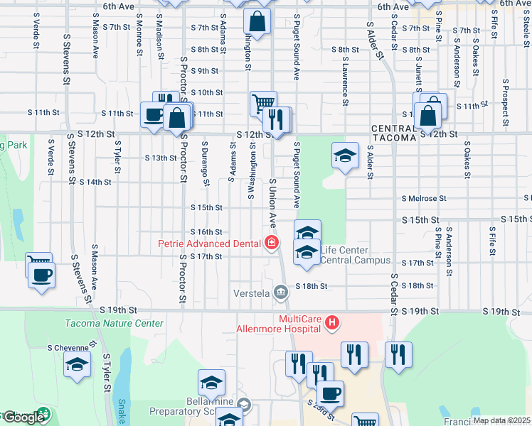 map of restaurants, bars, coffee shops, grocery stores, and more near 3602 South 15th Street in Tacoma