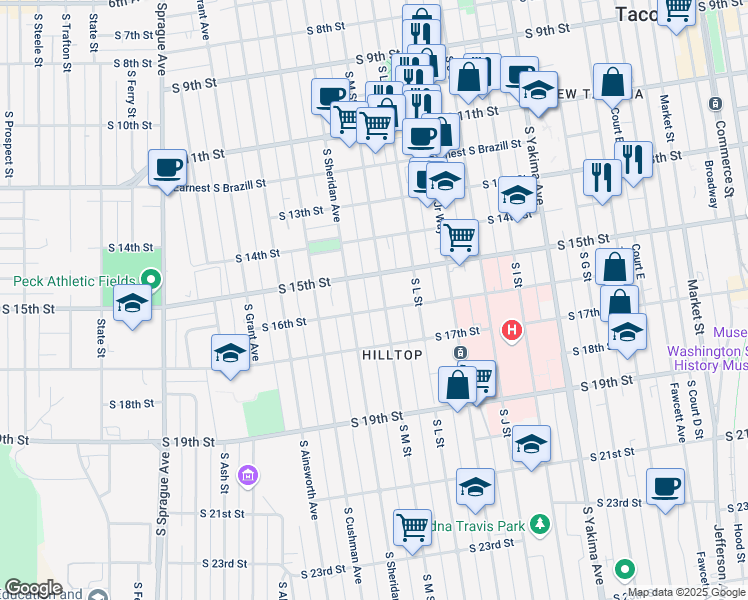 map of restaurants, bars, coffee shops, grocery stores, and more near 1514 South M Street in Tacoma