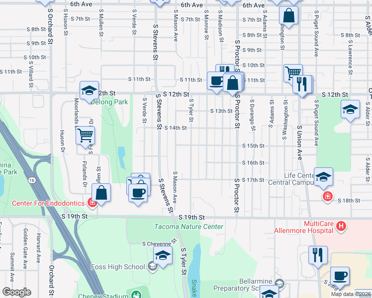 map of restaurants, bars, coffee shops, grocery stores, and more near 4118 South 15th Street in Tacoma
