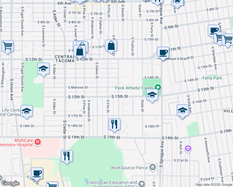 map of restaurants, bars, coffee shops, grocery stores, and more near 1462 South Prospect Street in Tacoma