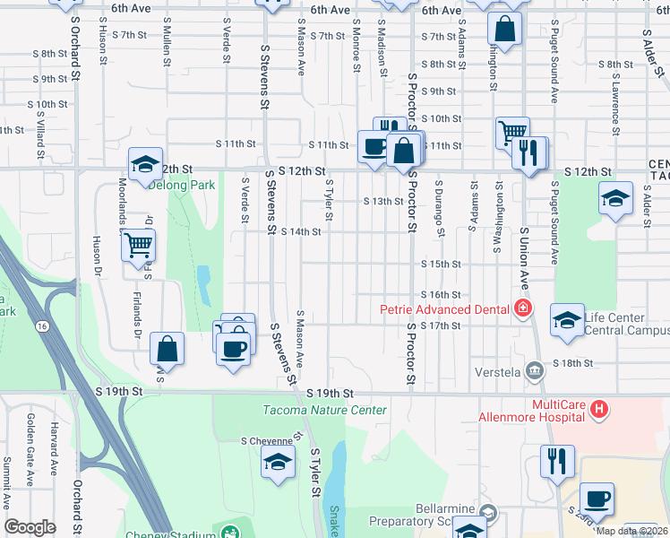 map of restaurants, bars, coffee shops, grocery stores, and more near 4118 South 15th Street in Tacoma