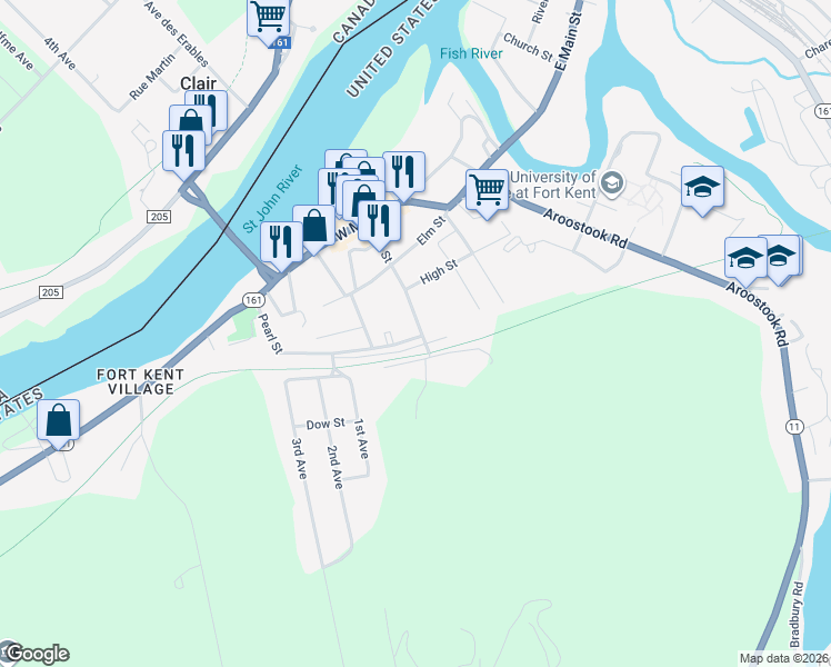 map of restaurants, bars, coffee shops, grocery stores, and more near 74 Pearl Street in Fort Kent