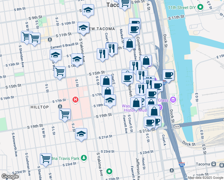 map of restaurants, bars, coffee shops, grocery stores, and more near 1550 Fawcett Avenue in Tacoma