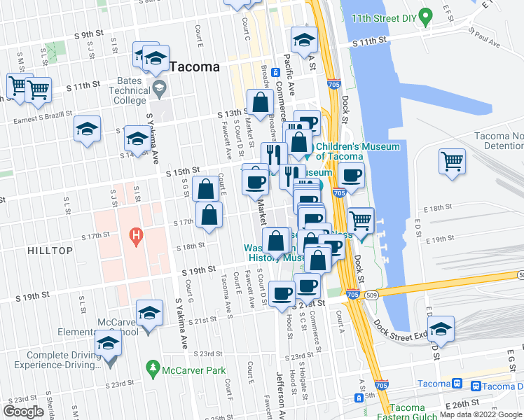 map of restaurants, bars, coffee shops, grocery stores, and more near S 17th St & Market St in Tacoma