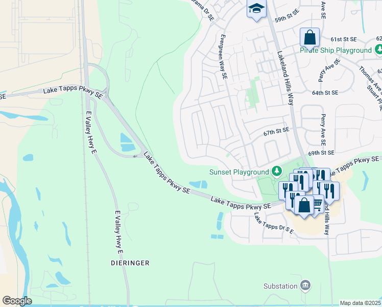 map of restaurants, bars, coffee shops, grocery stores, and more near 6742 Montevista Drive Southeast in Auburn
