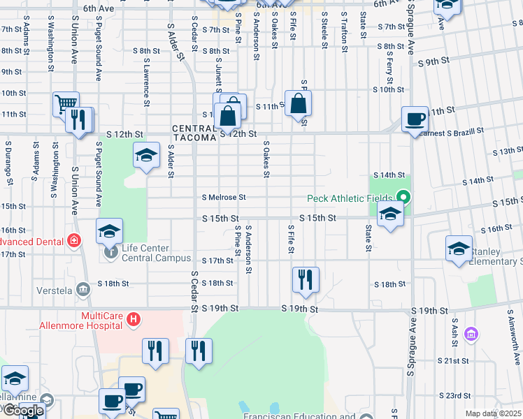 map of restaurants, bars, coffee shops, grocery stores, and more near 1462 South Oakes Street in Tacoma