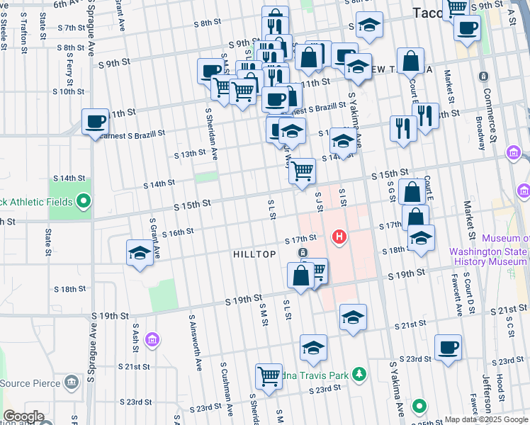 map of restaurants, bars, coffee shops, grocery stores, and more near 1207 South 16th Street in Tacoma