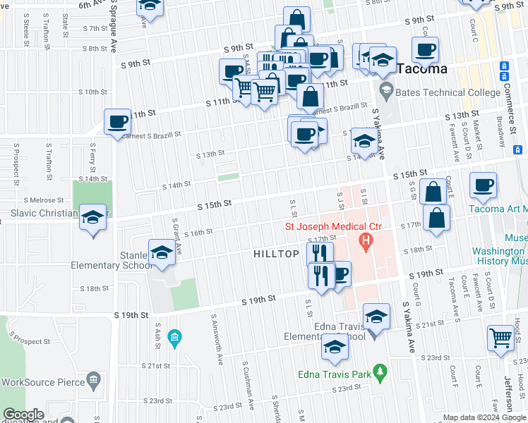 map of restaurants, bars, coffee shops, grocery stores, and more near 1514 South M Street in Tacoma