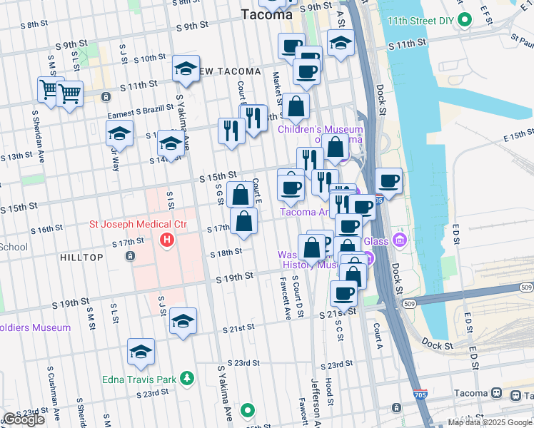 map of restaurants, bars, coffee shops, grocery stores, and more near 1550 Fawcett Avenue in Tacoma