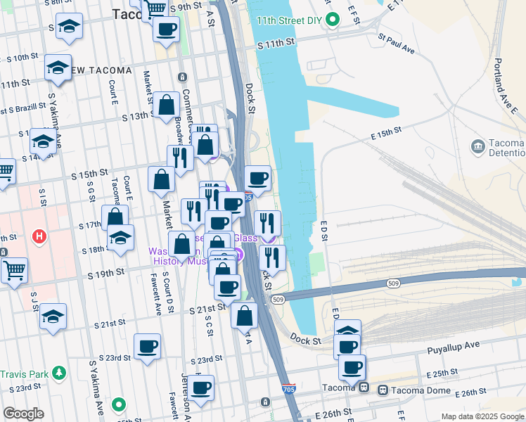 map of restaurants, bars, coffee shops, grocery stores, and more near 1705 Dock Street in Tacoma