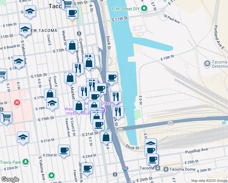 map of restaurants, bars, coffee shops, grocery stores, and more near 1705 Dock Street in Tacoma