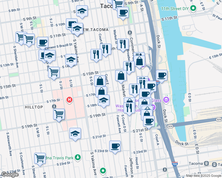 map of restaurants, bars, coffee shops, grocery stores, and more near 1550 Fawcett Avenue in Tacoma