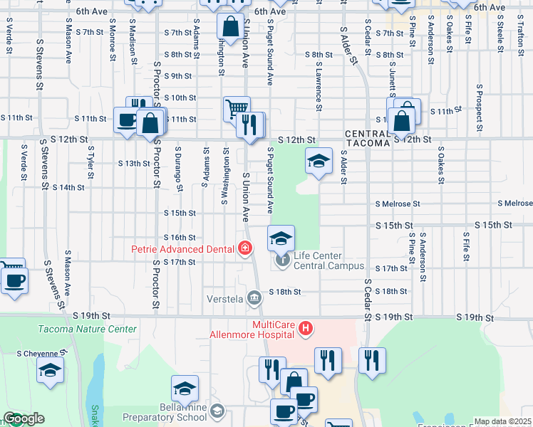 map of restaurants, bars, coffee shops, grocery stores, and more near 1428 South Puget Sound Avenue in Tacoma