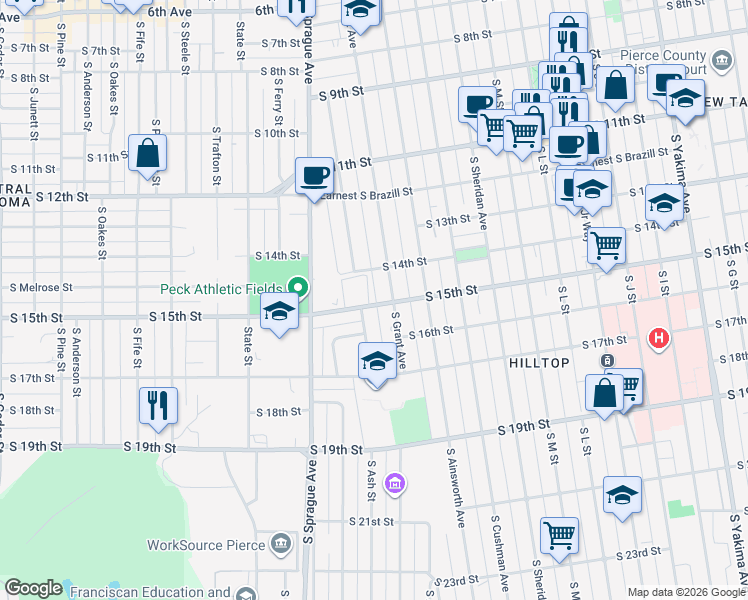 map of restaurants, bars, coffee shops, grocery stores, and more near 1711 South 15th Street in Tacoma