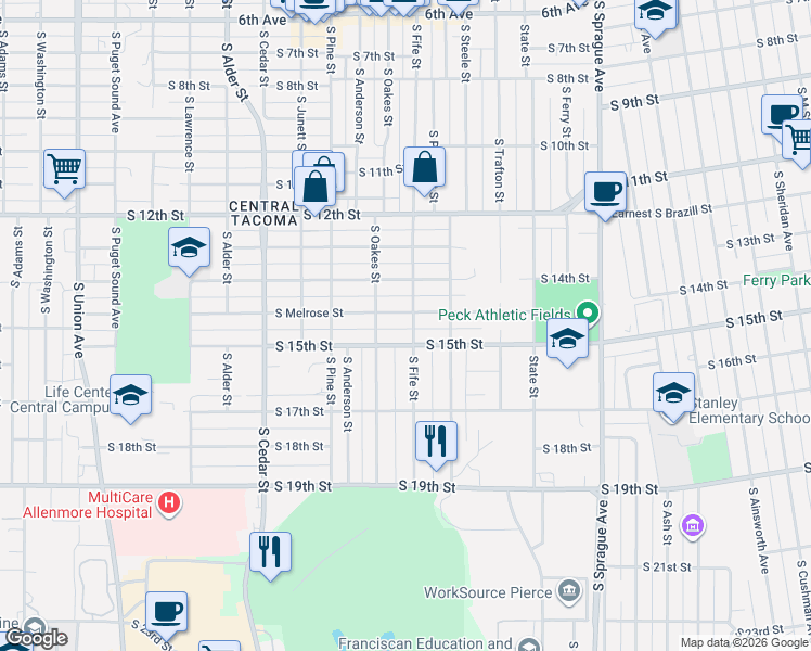 map of restaurants, bars, coffee shops, grocery stores, and more near 2517 South Melrose Street in Tacoma