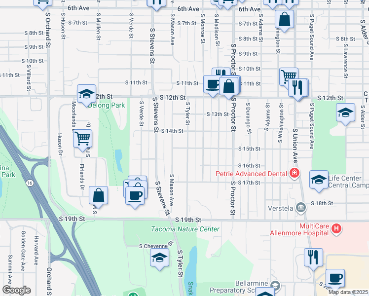 map of restaurants, bars, coffee shops, grocery stores, and more near South 15th Street in Tacoma