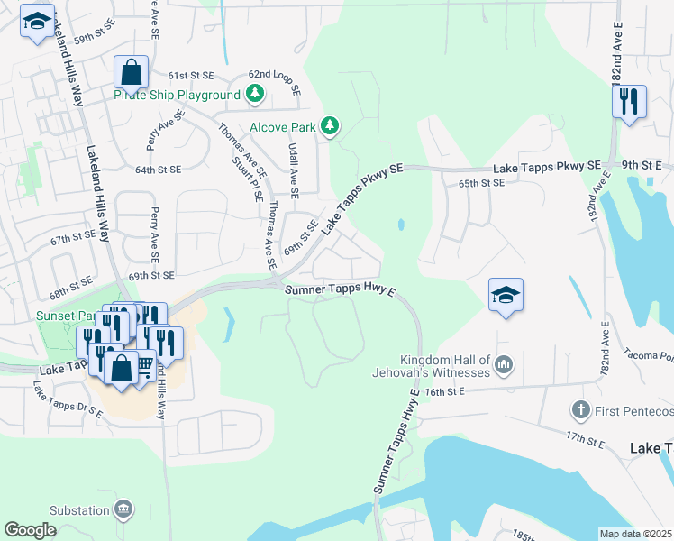 map of restaurants, bars, coffee shops, grocery stores, and more near 6821 Udall Place Southeast in Auburn