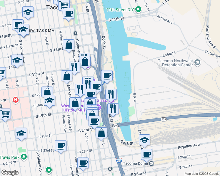 map of restaurants, bars, coffee shops, grocery stores, and more near 1703C Dock Street in Tacoma