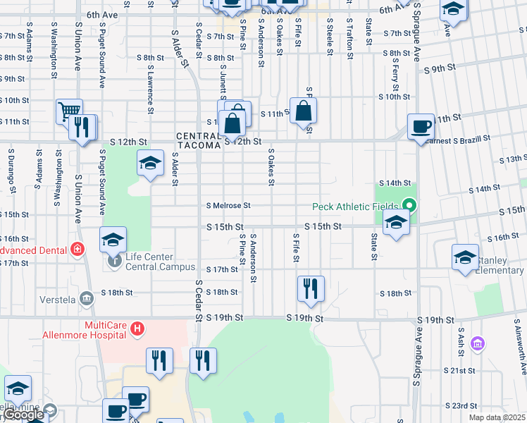 map of restaurants, bars, coffee shops, grocery stores, and more near 1462 South Oakes Street in Tacoma