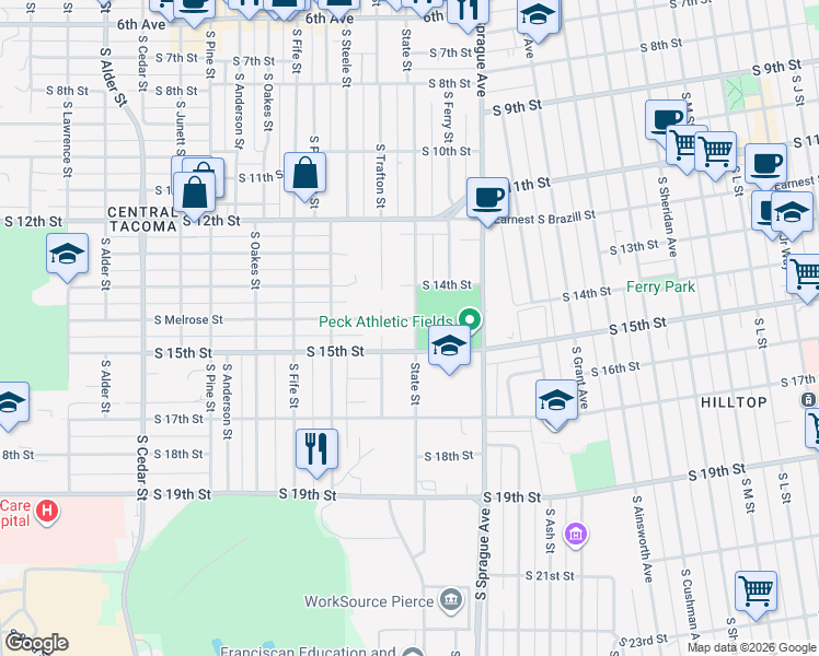 map of restaurants, bars, coffee shops, grocery stores, and more near 2202 South Melrose Street in Tacoma