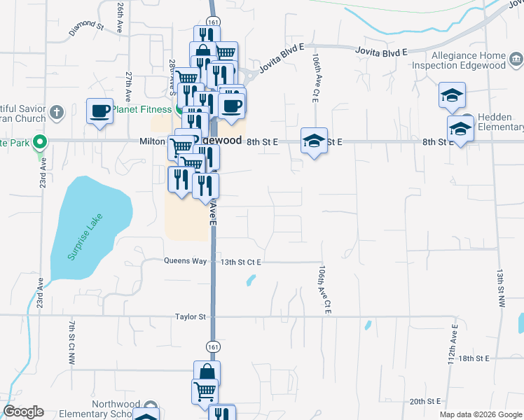 map of restaurants, bars, coffee shops, grocery stores, and more near 10500 10th Street Court East in Edgewood
