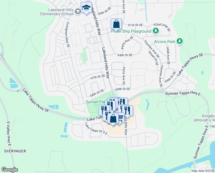 map of restaurants, bars, coffee shops, grocery stores, and more near 1306 68th Street Southeast in Auburn