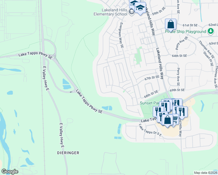map of restaurants, bars, coffee shops, grocery stores, and more near 6776 Montevista Drive Southeast in Auburn