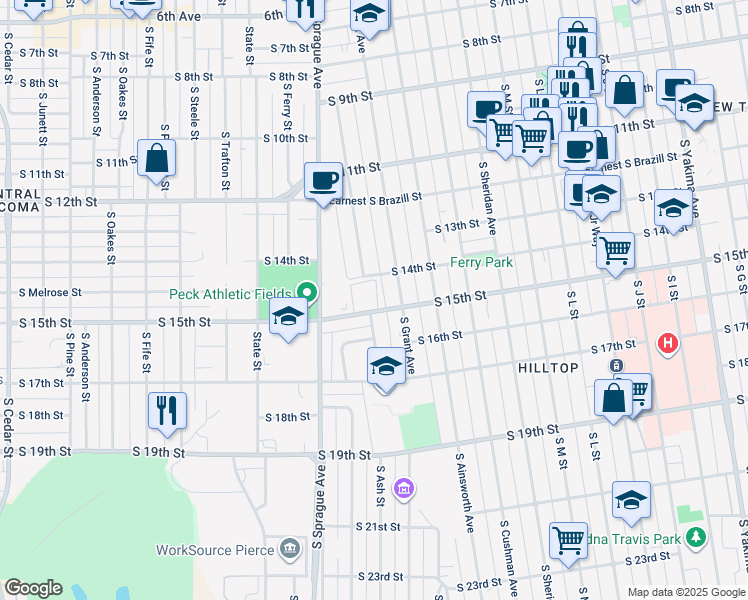 map of restaurants, bars, coffee shops, grocery stores, and more near 1711 South 15th Street in Tacoma