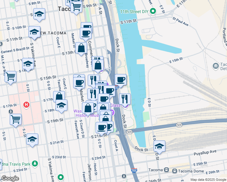 map of restaurants, bars, coffee shops, grocery stores, and more near Interstate 705 in Tacoma