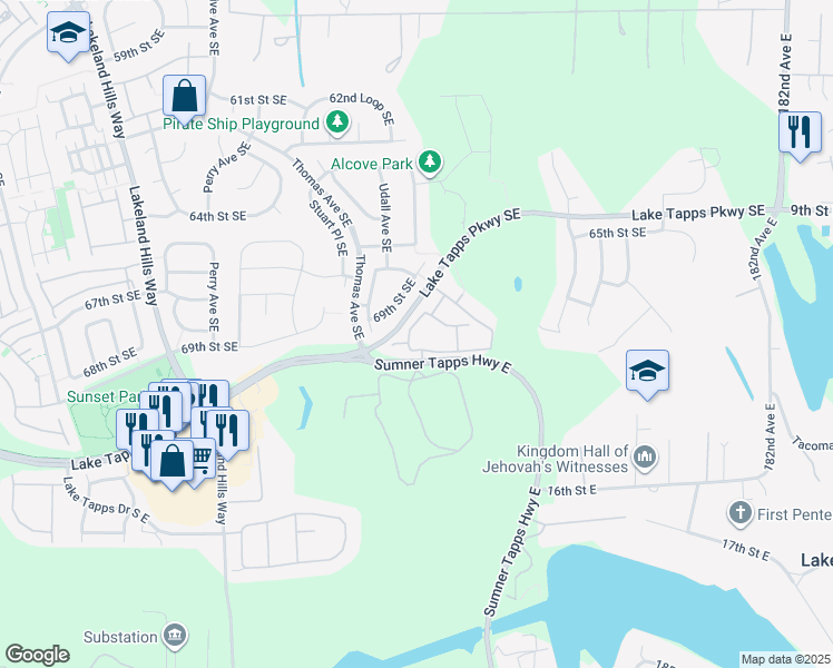 map of restaurants, bars, coffee shops, grocery stores, and more near 6821 Udall Place Southeast in Auburn