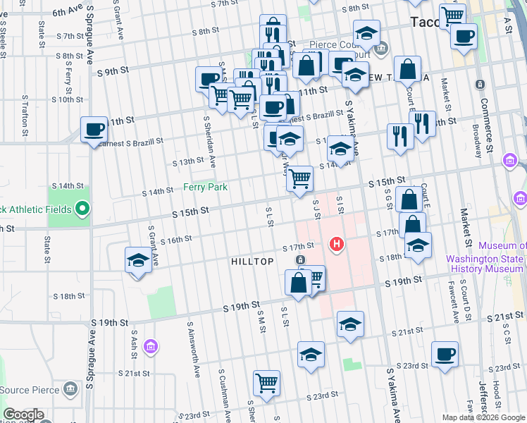 map of restaurants, bars, coffee shops, grocery stores, and more near 1510 South L Street in Tacoma