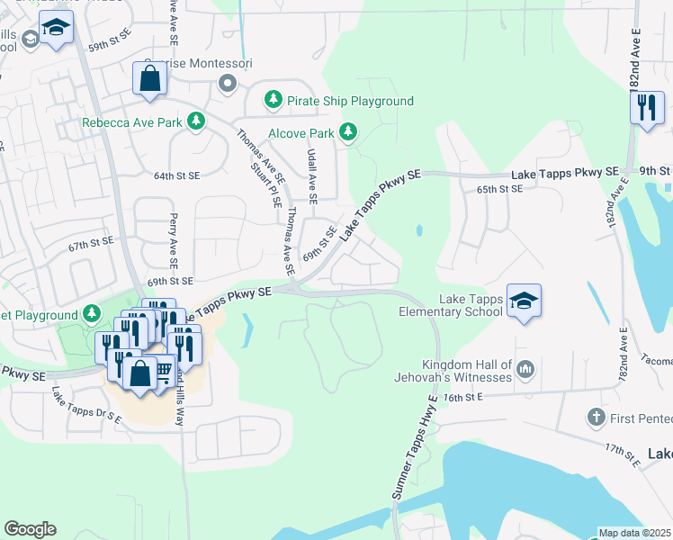 map of restaurants, bars, coffee shops, grocery stores, and more near 6821 Udall Place Southeast in Auburn