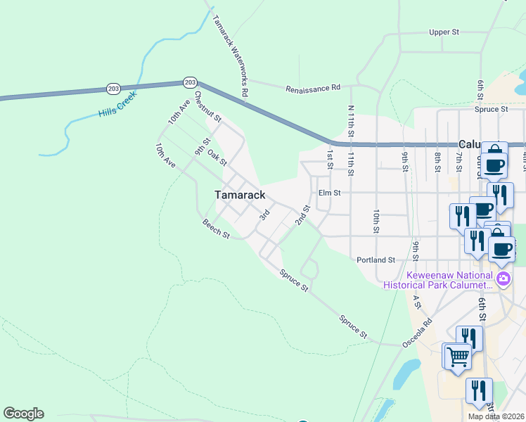 map of restaurants, bars, coffee shops, grocery stores, and more near 3rd in Calumet Township